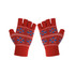 Red jacquard fingerless gloves featuring a snowflake pattern in blue and white. The gloves have an elasticated cuff.