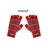 Red jacquard fingerless gloves with blue snowflake patterns and a logo on the wrist.
