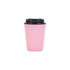 A drink bottle featuring a pink double wall design and a black lid, with a branding logo.