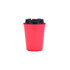 A drink bottle in bright pink with a black lid and a logo, featuring a double-wall design for insulation.