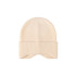 A cream earflap beanie with a ribbed texture and turned-up cuff. It features a logo on the side.