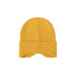 A yellow earflap beanie with a ribbed texture and a folded cuff. It features a branding logo on the side.