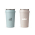 A drink bottle duo featuring a blue and a cream double wall wheat straw water cup, each with a logo.