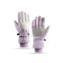 A pair of lavender ski gloves with a grey palm, featuring a wrist strap and elastic cuffs.