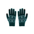 A pair of teal Jacquard gloves featuring a snowflake pattern in white and grey fingertips. The gloves have a knitted design.