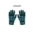 A pair of green jacquard gloves featuring a snowflake pattern, with touch-screen compatible fingertips.