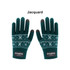 A pair of teal jacquard gloves with a snowflake pattern and grey fingertips, featuring a logo label.
