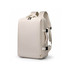 A beige travel backpack with adjustable straps and multiple compartments, featuring a logo.