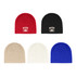 A collection of beanies in red, black, beige, white, and blue, featuring a logo on some.