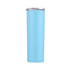 A drink bottle in light blue with a double wall, stainless steel design and a clear lid. It features a logo.