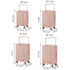A travel hardside suitcase in pink, featuring multiple sizes with dimensions and a handle and wheels for mobility.