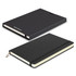 A large black Moleskine Classic hard cover notebook with a ribbon bookmark and an elastic closure. Includes a branded cover.