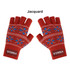 A pair of red jacquard fingerless gloves featuring blue and white snowflake patterns and a logo.