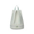 A pale green backpack with a dual zipper design, featuring a handle and a logo on the front.