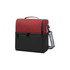 A two-compartment lunch bag in red and black, featuring a sturdy handle and a removable shoulder strap, with a logo.