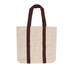 A beige canvas tote bag with dark maroon handles and a logo. The bag features a spacious design.