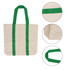 A personalised canvas tote bag in natural colour with green straps and corners. Features a logo.