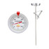 A stainless steel deep fry thermometer with a red indicator, featuring a dial and a metal probe attachment.