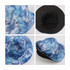 A tie dye bucket hat in shades of blue, with a black interior and a logo present.