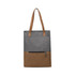 A grey and brown convertible canvas backpack that can be transformed into a tote bag. It features long straps and a zip pocket.