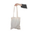 A long-handled calico bag in off-white being held by a hand, featuring a simple design and subtle branding.