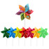 A six-leaf pinwheel featuring red, yellow, green, and blue leaves, mounted on a stick with a branding logo.