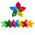 A five-leaf pinwheel featuring red, yellow, green, and blue petals, mounted on a white stick. It has branding elements.