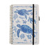 A4 Wiro side-bound notebook featuring a blue and white design of sea turtles and coral. Includes an elastic band closure.
