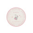 A round PU coaster featuring a pink and cream design with a cute bunny illustration and a logo.