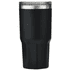 A drink bottle in matte black with a stainless steel rim, featuring a logo on its side.