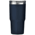 A drink bottle in navy blue with a stainless steel lid and a sleek, tapered design. It features a logo.