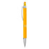 A yellow pen with a shiny silver clip and tip, featuring a smooth design and a rubber grip.