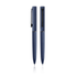 A navy blue pen with a textured design and a clip, featuring a clear window on one side.
