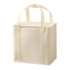 A drink bottle cooler bag in cream colour with a zip closure and two carry handles. Features a logo on the front.