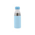 A drink bottle in light blue with a stainless steel vacuum section and a matching cap. It features a logo.
