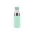 A drink bottle featuring a mint green exterior and a stainless steel base, topped with a matching lid. It has a logo.