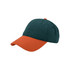 A solid colour cap featuring a dark green body and an orange peak. It includes a logo on the side.