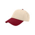 A solid beige and burgundy fashion cap featuring a curved brim and a logo on the front.