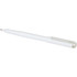 A white rollerball pen made from recycled PET, featuring a clip and a branding logo.