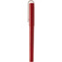 A red rollerball pen made from recycled PET, featuring a clip and a smooth design. It has a branding logo.