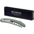A green and silver waitress knife with a corkscrew, presented in a black box featuring a logo.