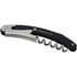 A black and silver waiter’s knife featuring a corkscrew and a folding design. It includes a logo on the handle.