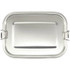 A stainless steel lunch box with a smooth, polished surface and a secure clip closure, featuring a logo.