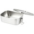A stainless steel lunch box with a silver finish, featuring a hinged lid and a clasp closure.