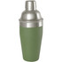 A stainless steel cocktail shaker with a matte green base and shiny silver top, featuring a logo.