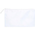 A white toiletry bag with a zipper closure, featuring a simple design and a branding logo.