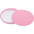 A pink round makeup mirror with a smooth exterior, featuring a reflected side and a plain side.