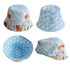 A light blue bucket hat featuring playful animal illustrations and a festive design. Includes branding on the side.