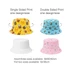 A colourful bucket hat with various designs, including a bright yellow pattern, a sky blue variant, and a pink floral option.