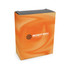 An orange box with a swirl design and a logo, featuring packaging for a tech product.